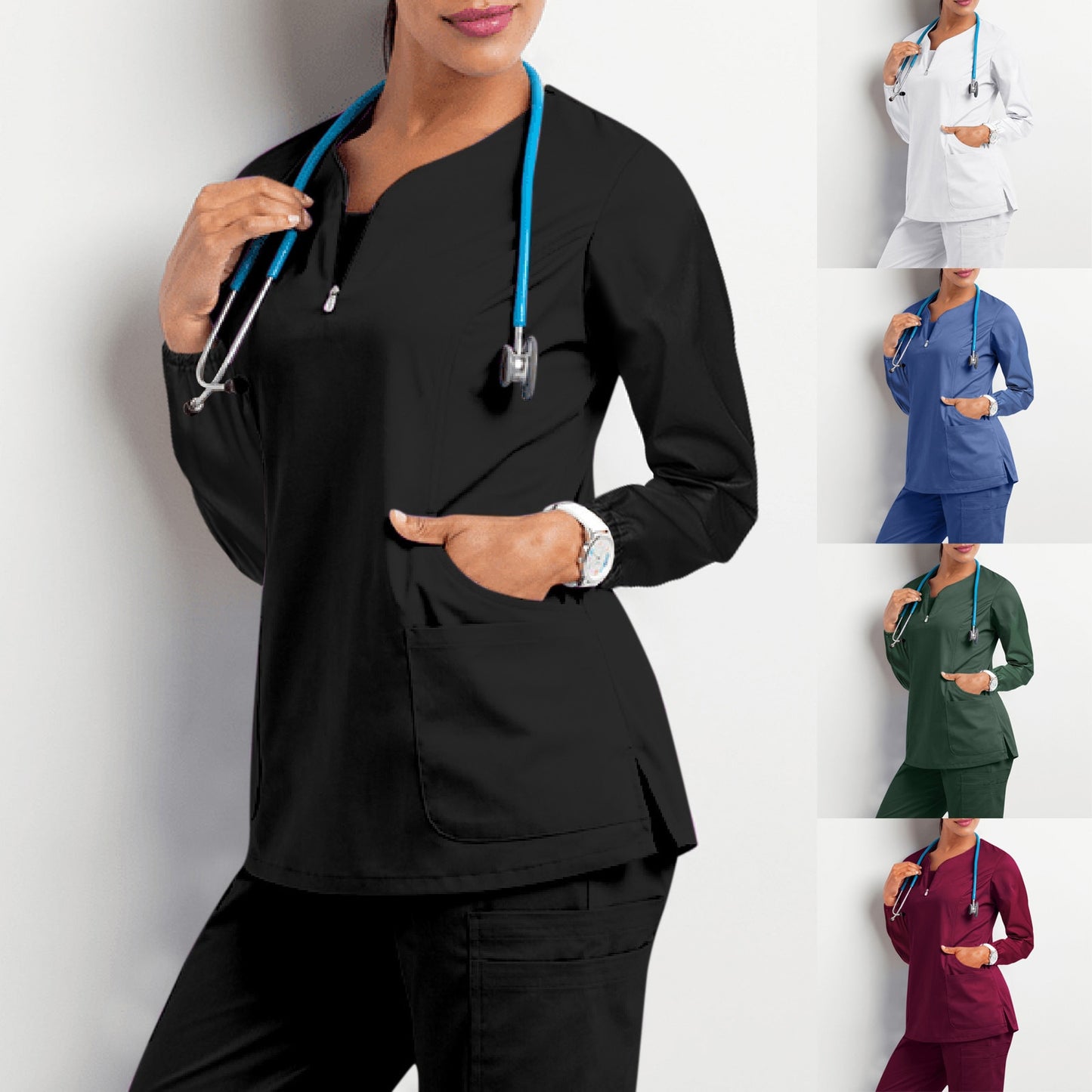 Plug Size V Neck Long Sleeve Cotton Scrubs