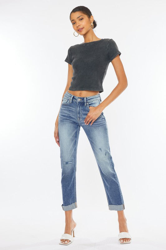 High Rise Cuffed Slim Straight Jeans