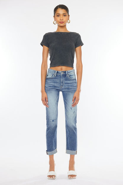 High Rise Cuffed Slim Straight Jeans