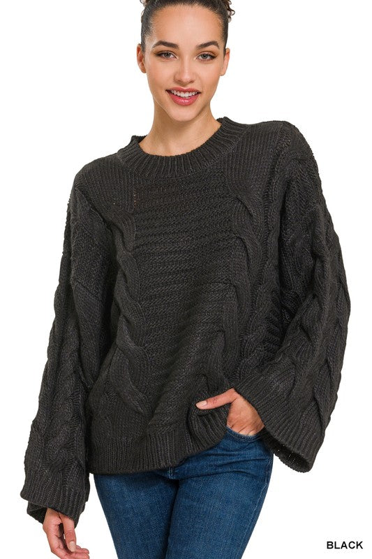 Oversized Bell Sleeve Cable Knit Sweater