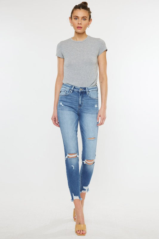 High Rise Fray Hem Ankle Skinny Jeans