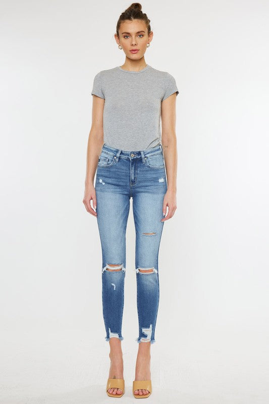 High Rise Fray Hem Ankle Skinny Jeans