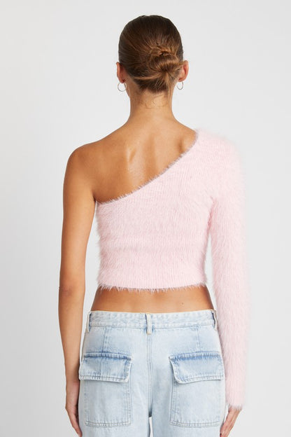 ONE SHOULDER FLUFFY SWEATER TOP