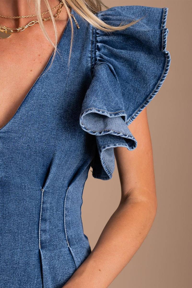 Ruffle Pleated Denim Romper With Pockets