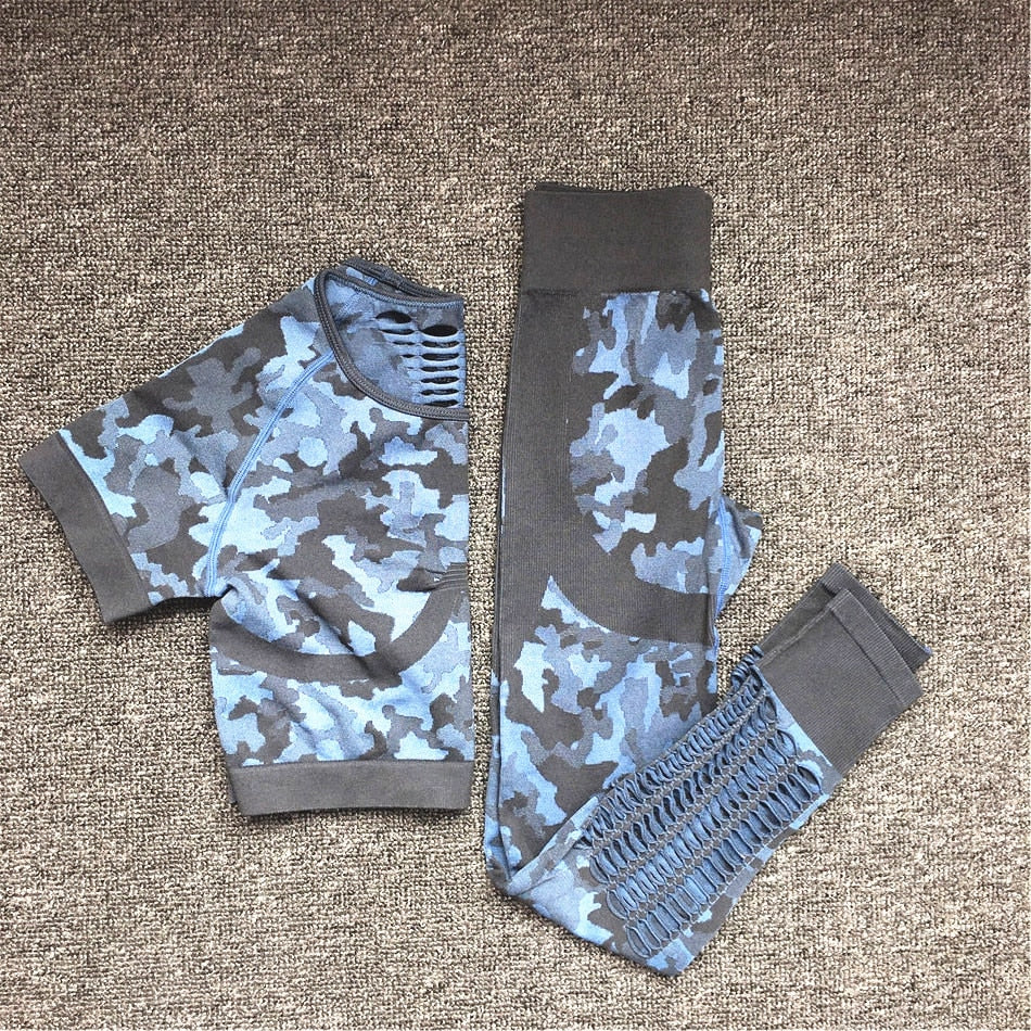 2PCS Camouflage Crop Top High Waist Seamless Camo Leggings Set