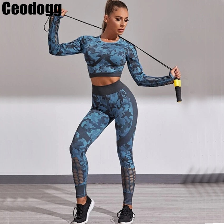 2PCS Camouflage Crop Top High Waist Seamless Camo Leggings Set