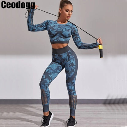 2PCS Camouflage Crop Top High Waist Seamless Camo Leggings Set