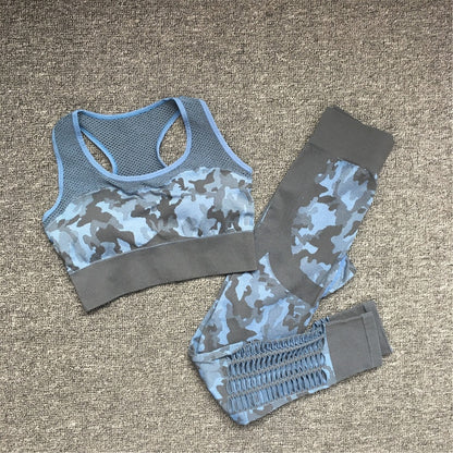 2PCS Camouflage Crop Top High Waist Seamless Camo Leggings Set