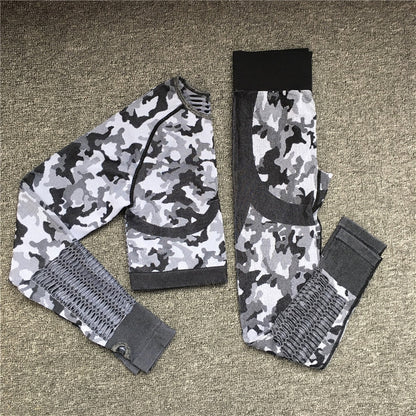 2PCS Camouflage Crop Top High Waist Seamless Camo Leggings Set