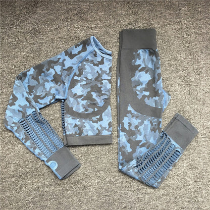 2PCS Camouflage Crop Top High Waist Seamless Camo Leggings Set